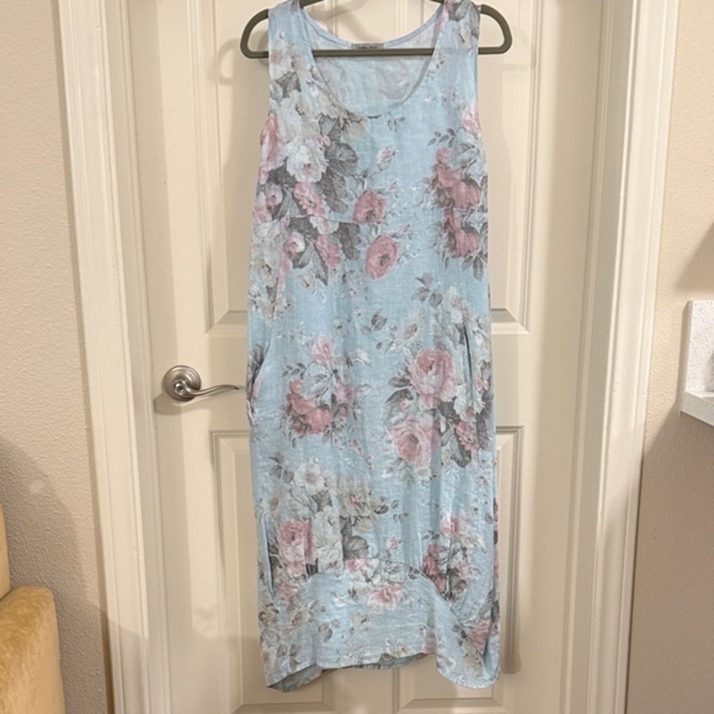 Angela Mara 100% linen Floral Sleeveless Blue Dress with pockets cabbage rose - Picture 3 of 9